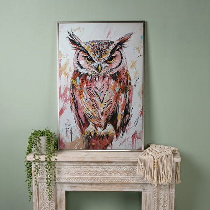 Perched Owl Portrait Canvas Wall Art in silver floating frame