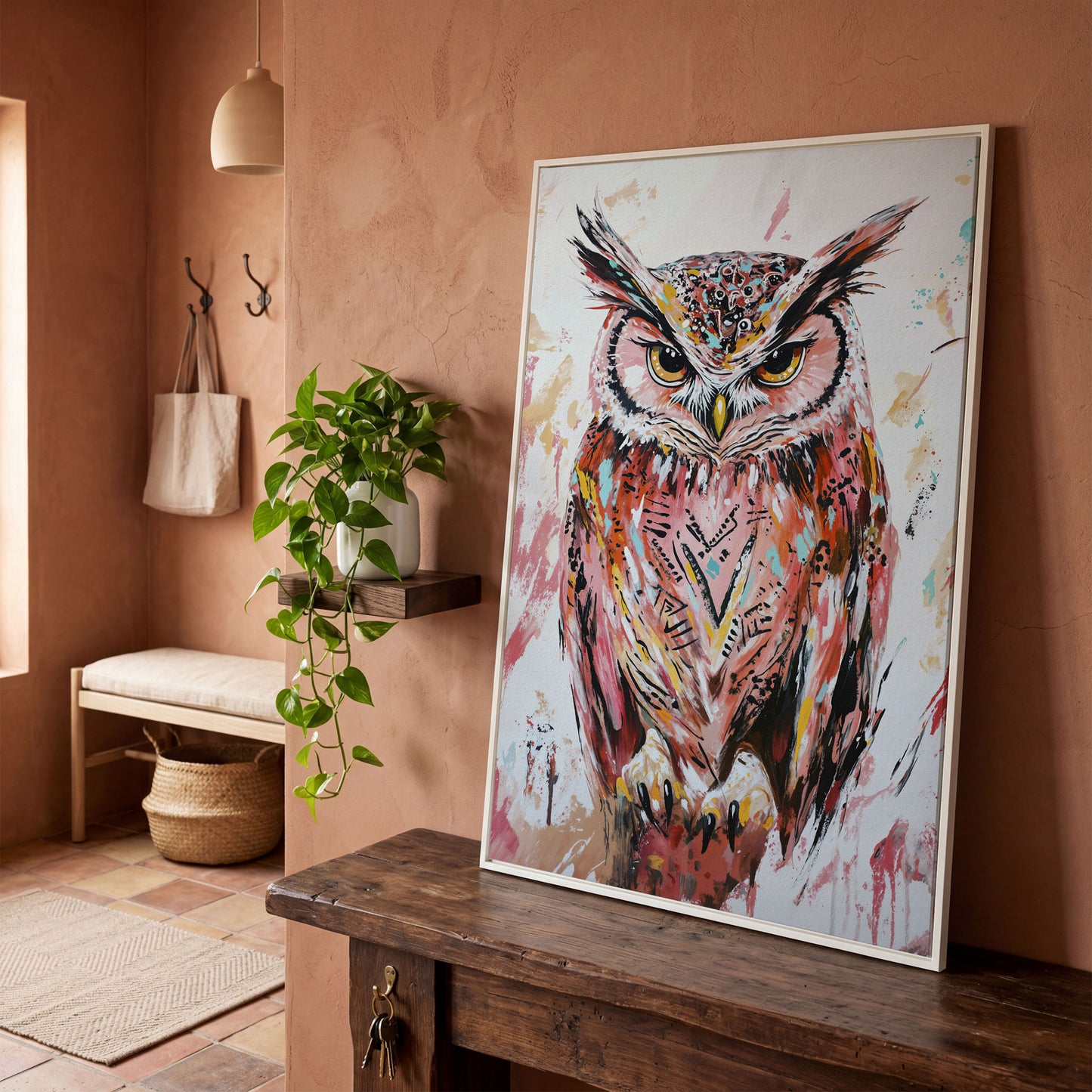 Perched Owl Portrait Canvas Wall Art in white floating frame