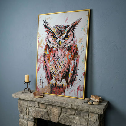 Perched Owl Portrait Canvas Wall Art in yellow gold floating frame