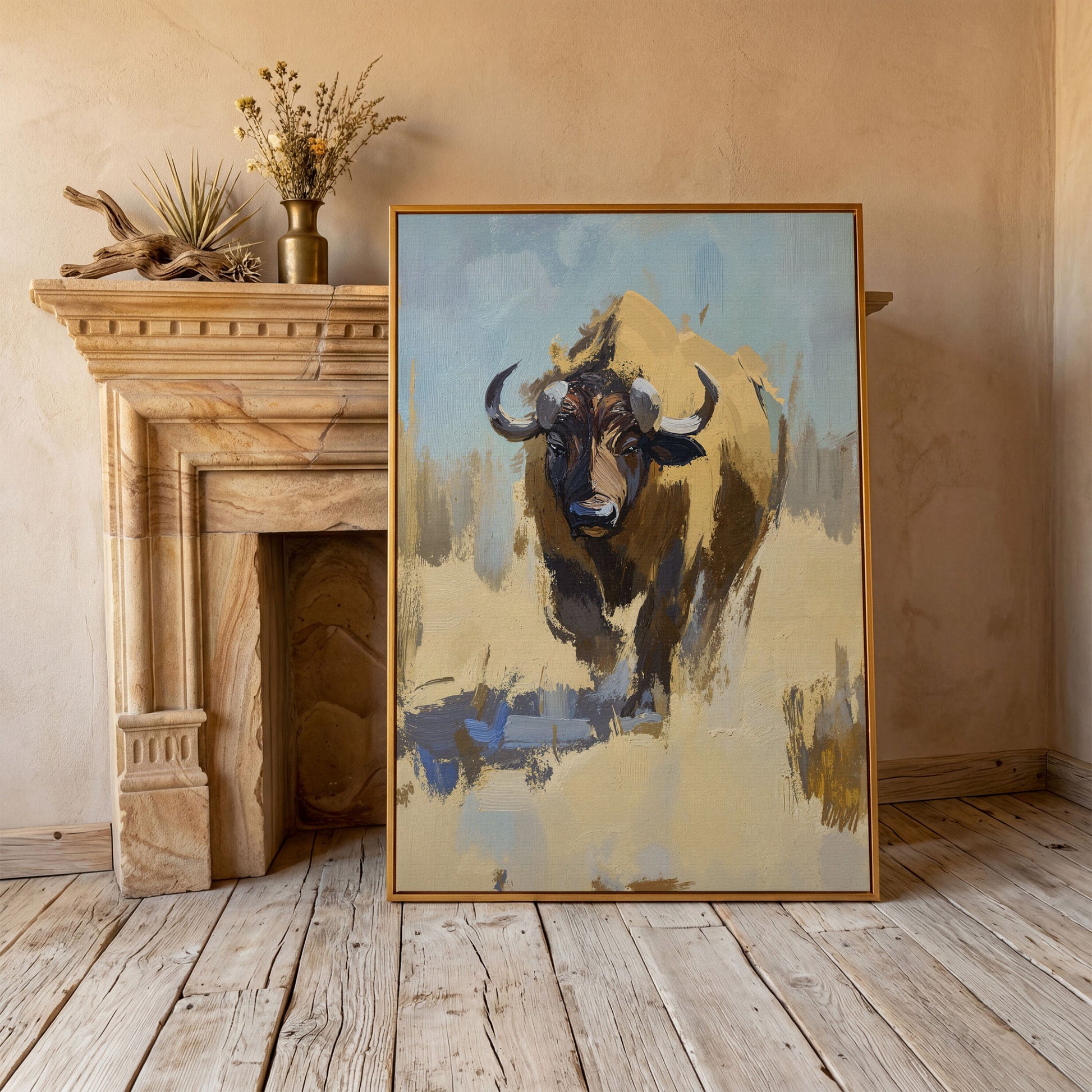 Bison Portrait Canvas Wall Art, Facing Forward in antique gold floating frame