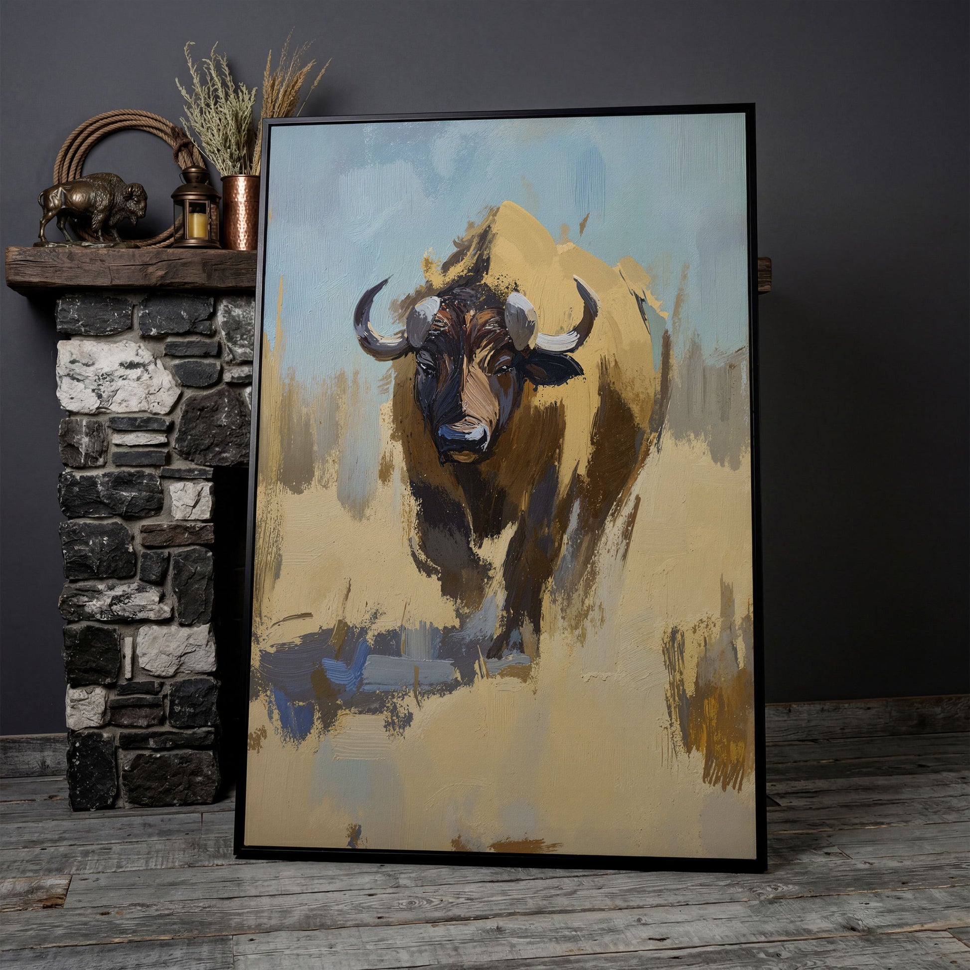Bison Portrait Canvas Wall Art, Facing Forward in black floating frame