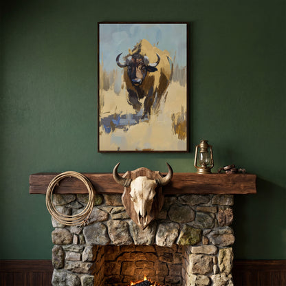 Bison Portrait Canvas Wall Art, Facing Forward in dark walnut floating frame