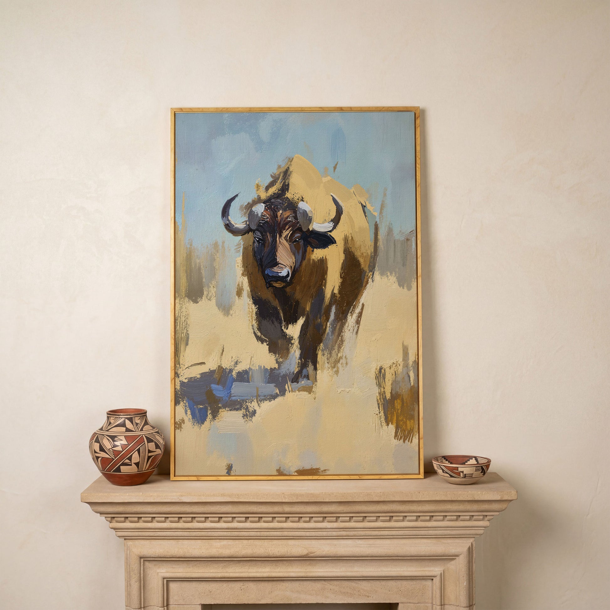 Bison Portrait Canvas Wall Art, Facing Forward in white oak floating frame