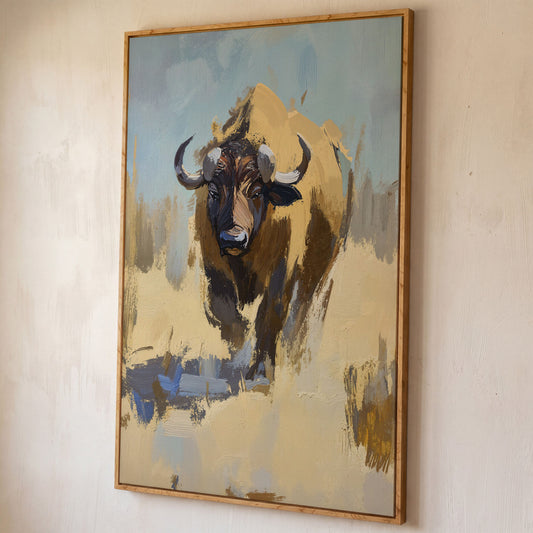 Bison Portrait Canvas Wall Art, Facing Forward shown in white oak floating frame