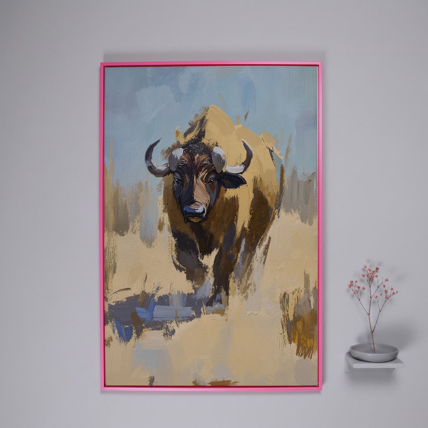 Bison Portrait Canvas Wall Art, Facing Forward in pink floating frame