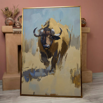 Bison Portrait Canvas Wall Art, Facing Forward in rose gold floating frame