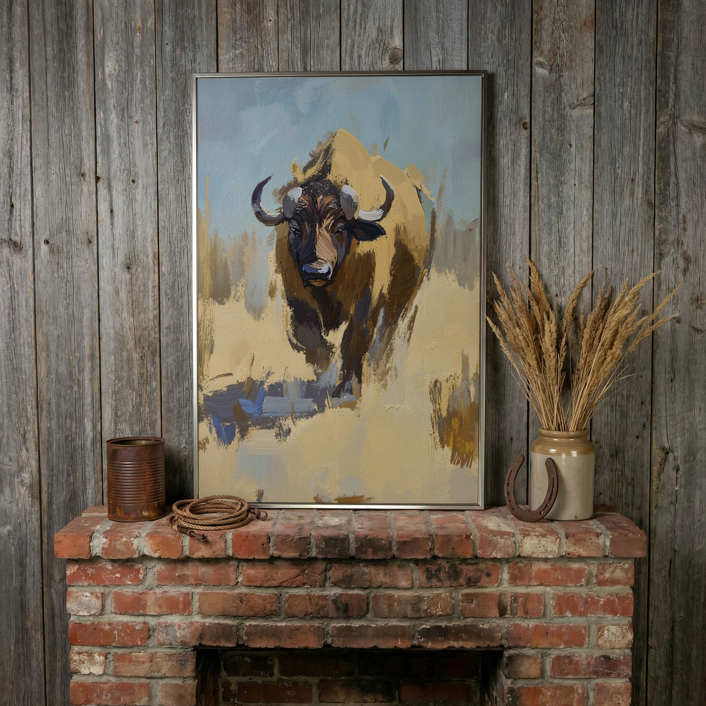 Bison Portrait Canvas Wall Art, Facing Forward in silver floating frame
