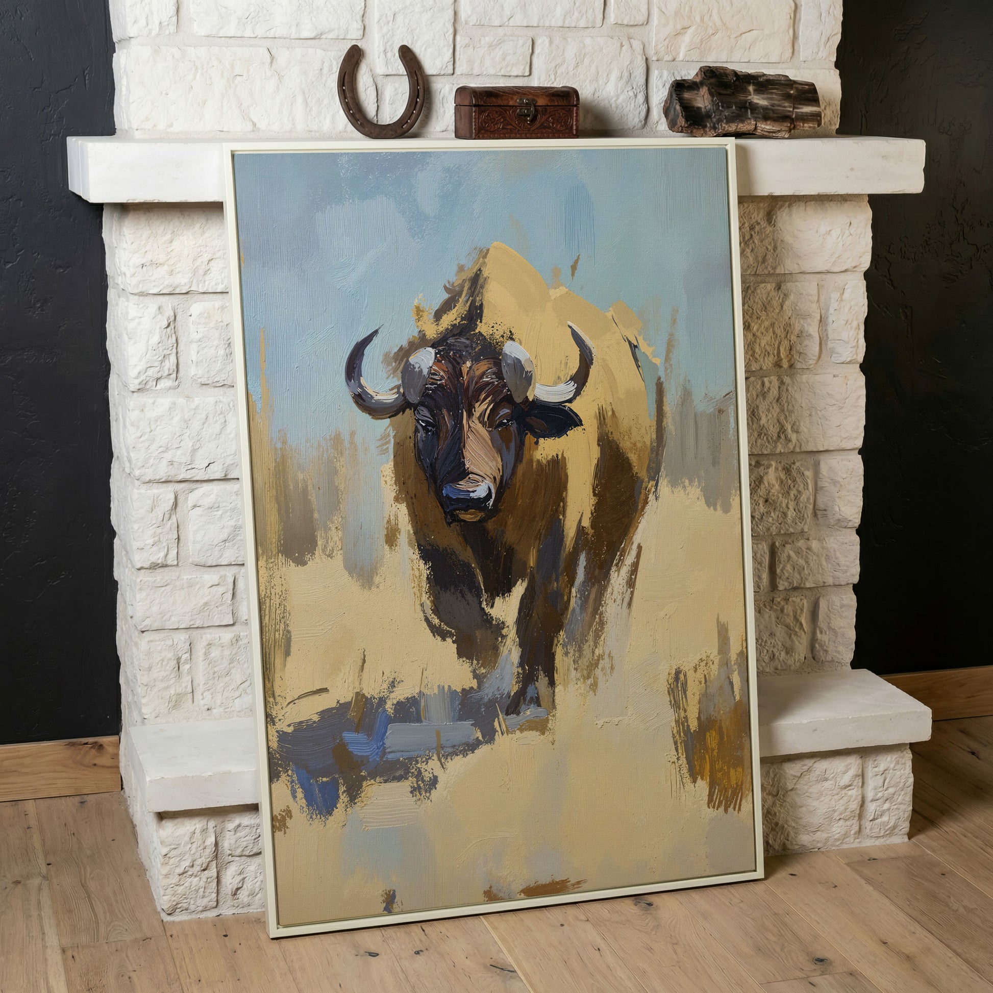 Bison Portrait Canvas Wall Art, Facing Forward in white floating frame