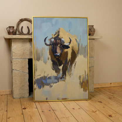 Bison Portrait Canvas Wall Art, Facing Forward in yellow gold floating frame