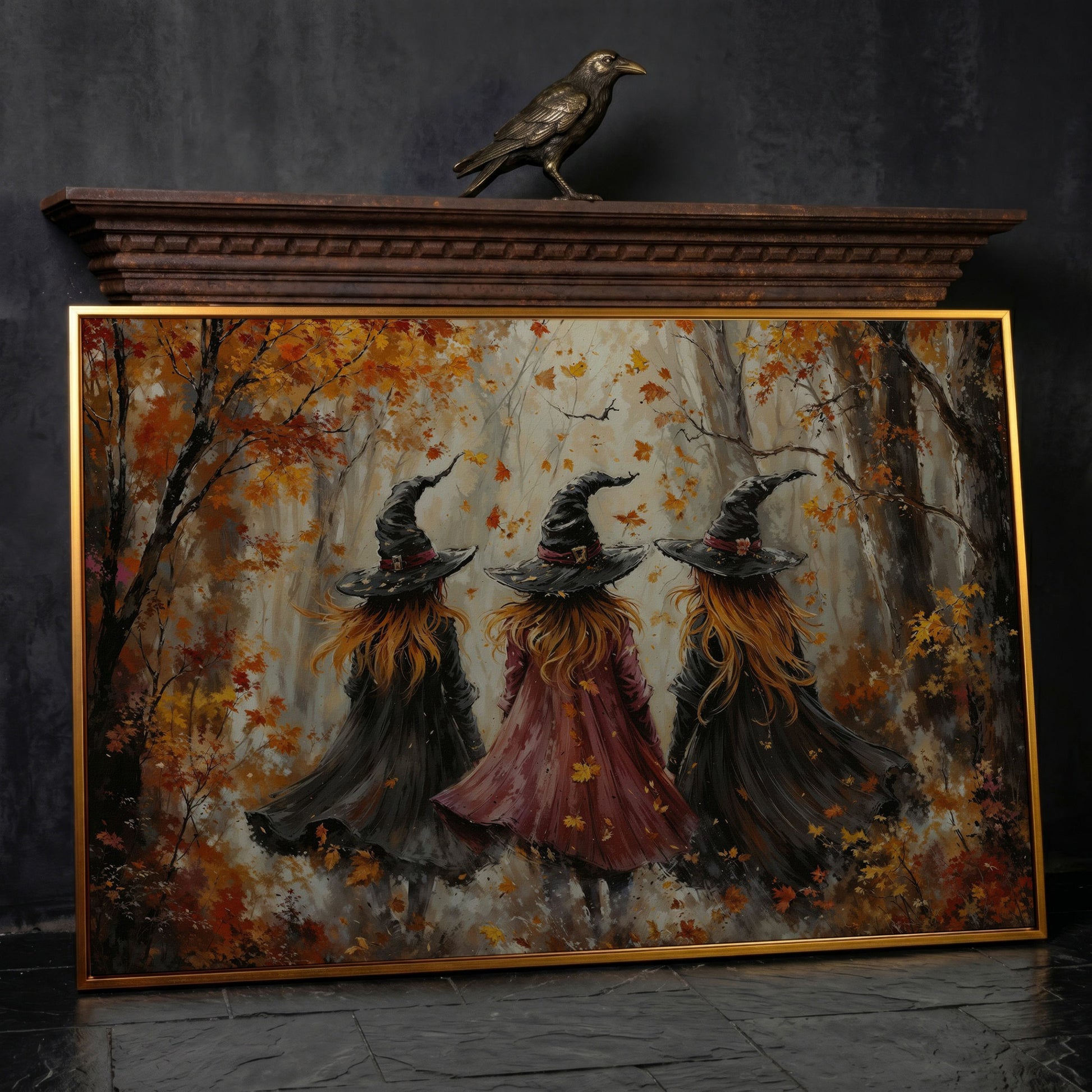 Autumn Witch Trio in Fall Forest Canvas in antique gold floating frame