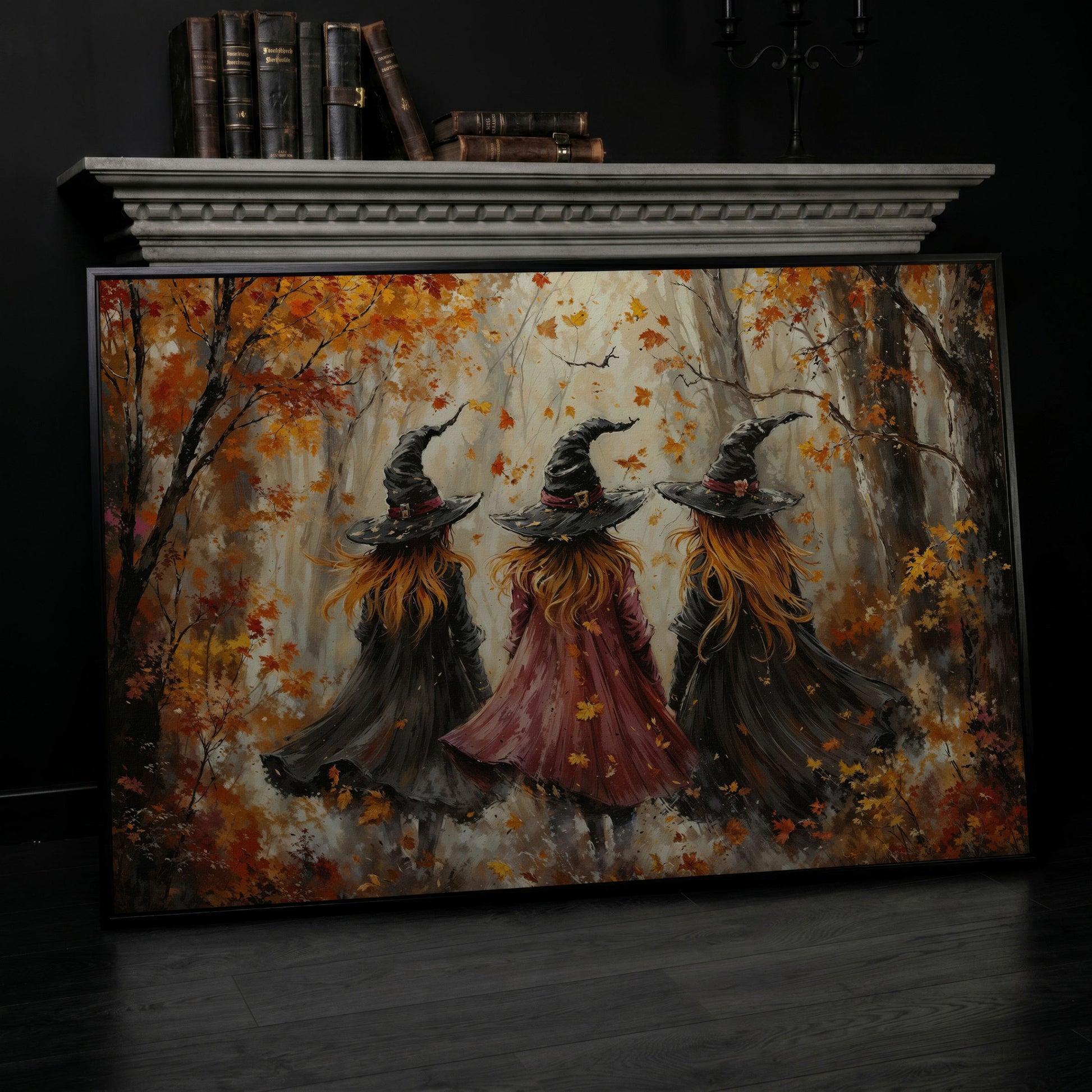 Autumn Witch Trio in Fall Forest Canvas in black floating frame