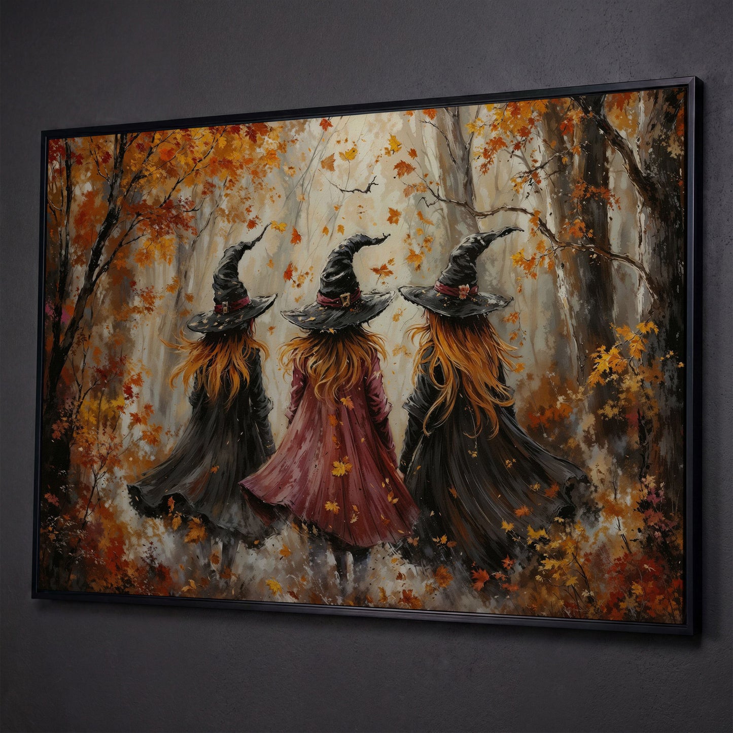 Autumn Witch Trio in Fall Forest Canvas shown in black floating frame