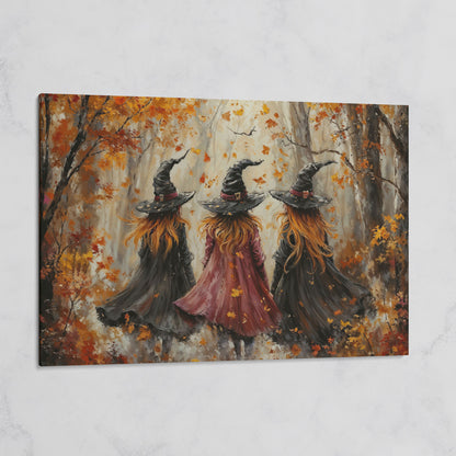 Autumn Witch Trio in Fall Forest Canvas on gallery wrap