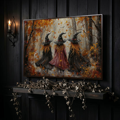 Autumn Witch Trio in Fall Forest Canvas in dark walnut floating frame