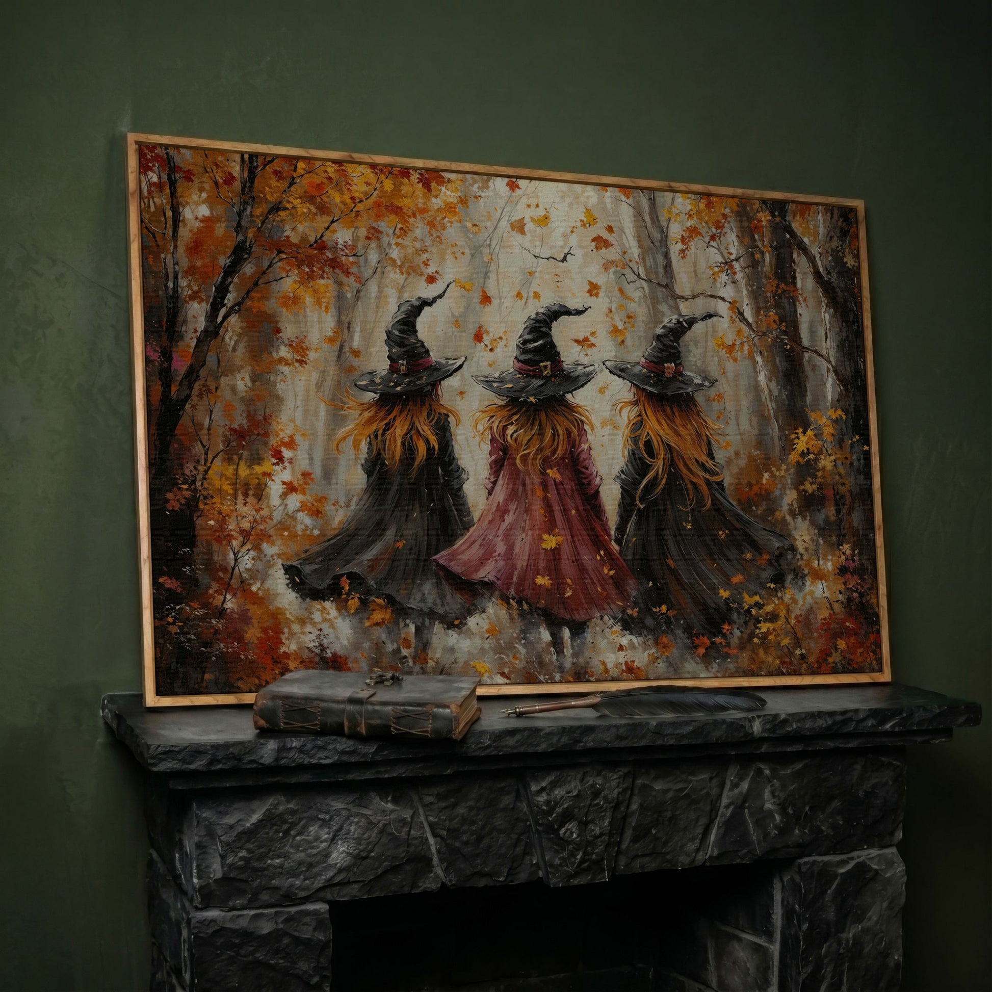 Autumn Witch Trio in Fall Forest Canvas in white oak floating frame
