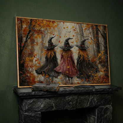 Autumn Witch Trio in Fall Forest Canvas in white oak floating frame