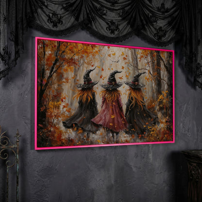 Autumn Witch Trio in Fall Forest Canvas in pink floating frame