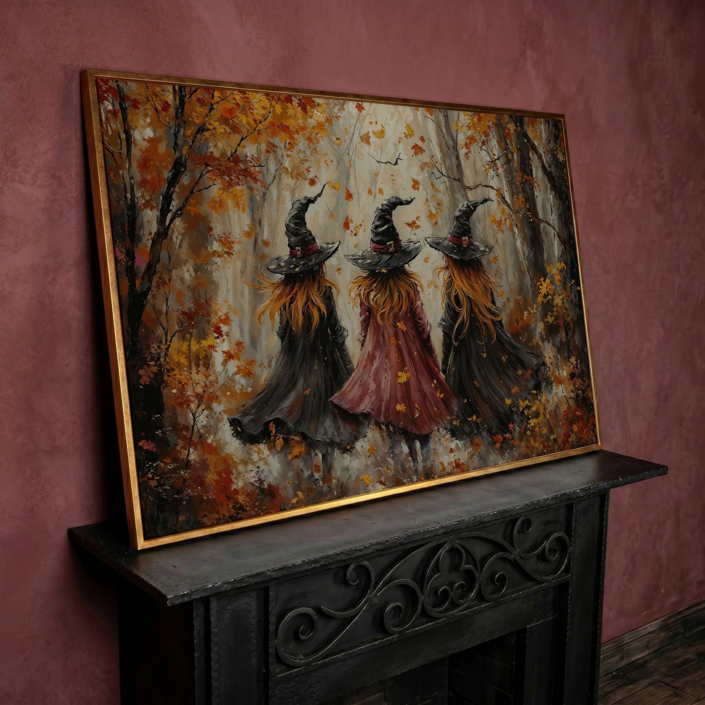 Autumn Witch Trio in Fall Forest Canvas in rose gold floating frame