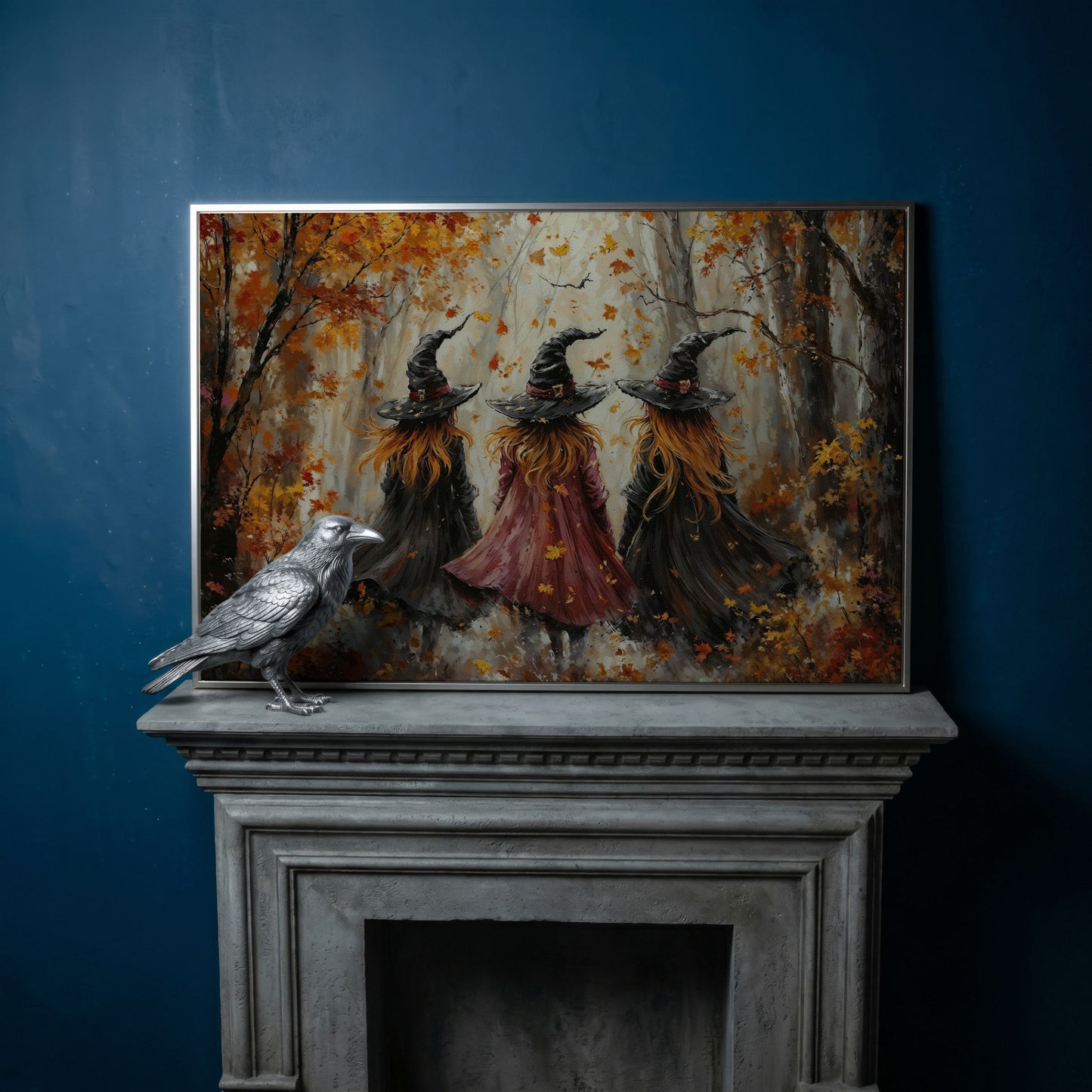 Autumn Witch Trio in Fall Forest Canvas in silver floating frame