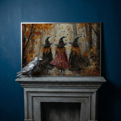 Autumn Witch Trio in Fall Forest Canvas in silver floating frame