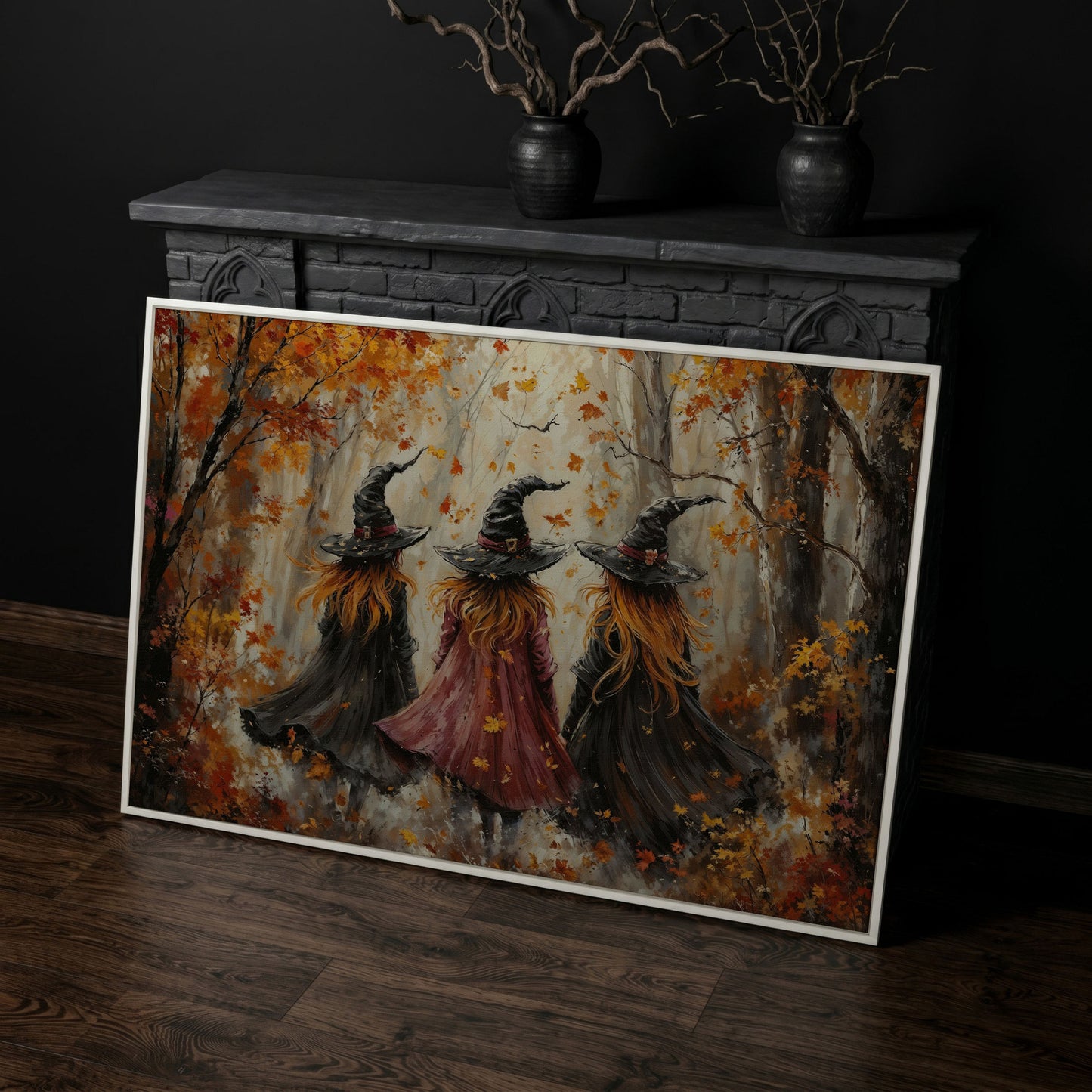 Autumn Witch Trio in Fall Forest Canvas in white floating frame