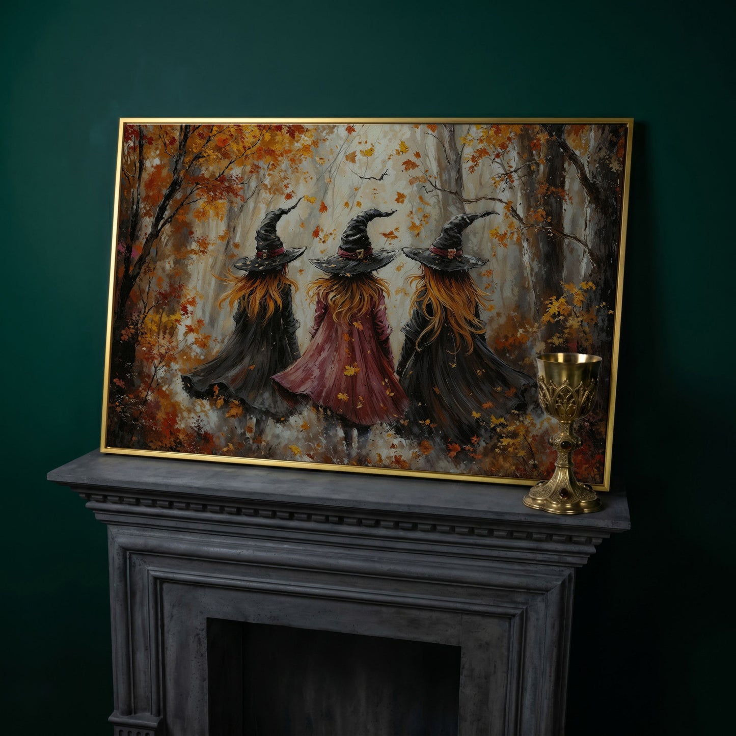 Autumn Witch Trio in Fall Forest Canvas in yellow gold floating frame