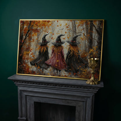 Autumn Witch Trio in Fall Forest Canvas in yellow gold floating frame
