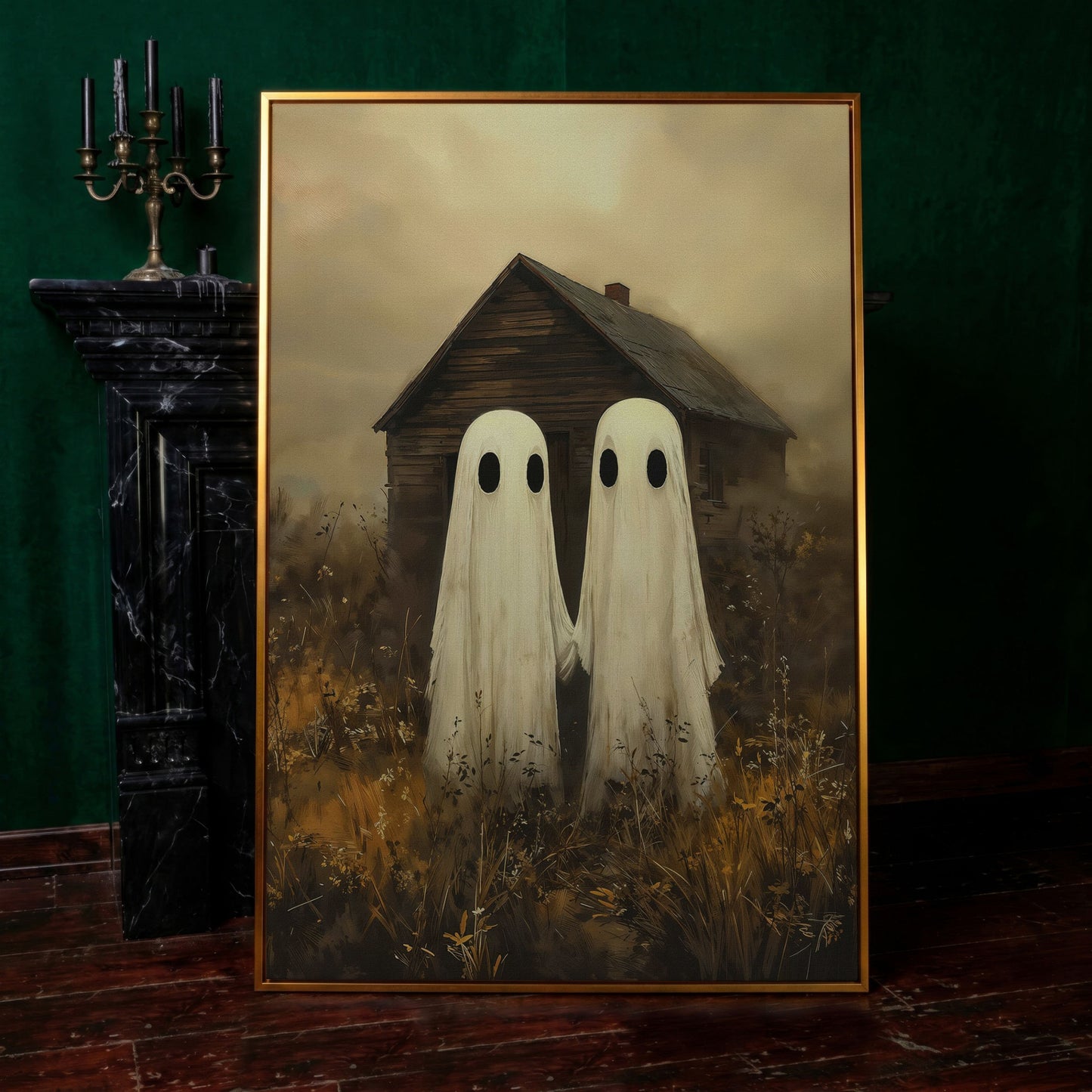 Two Ghosts Holding Hands. Haunted House Canvas Wall Art in antique gold floating frame