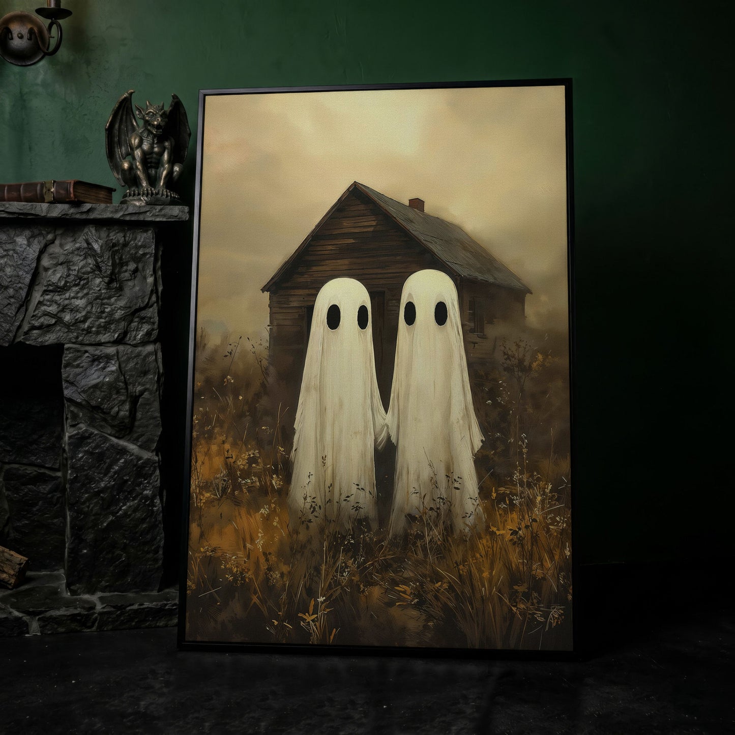 Two Ghosts Holding Hands. Haunted House Canvas Wall Art in black floating frame