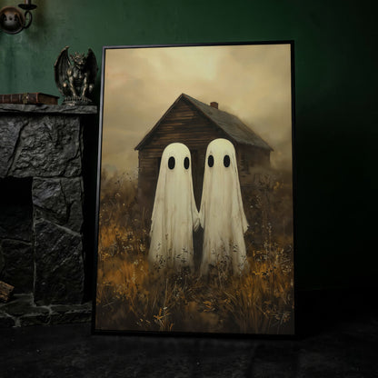 Two Ghosts Holding Hands. Haunted House Canvas Wall Art in black floating frame