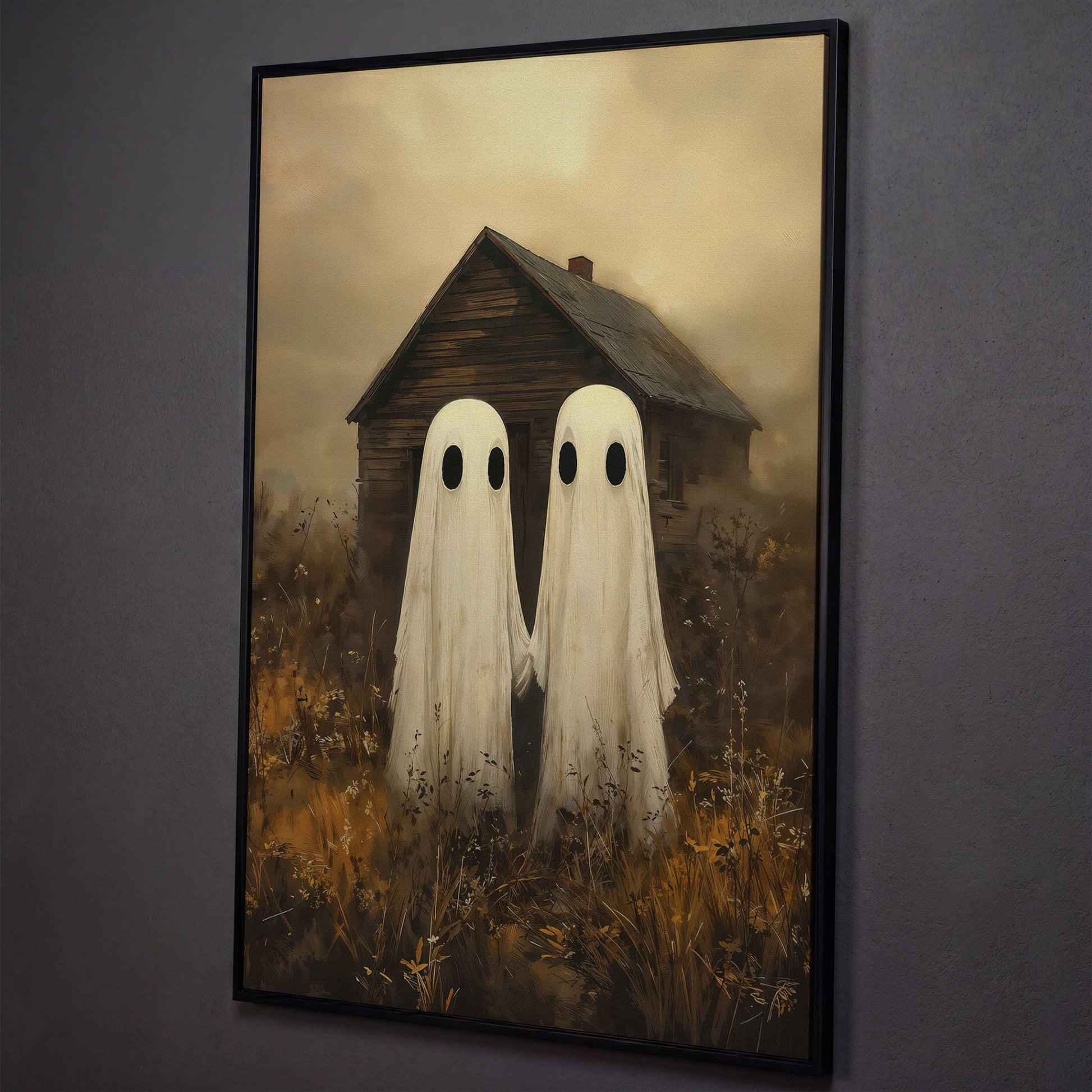 Two Ghosts Holding Hands. Haunted House Canvas Wall Art shown in black floating frame