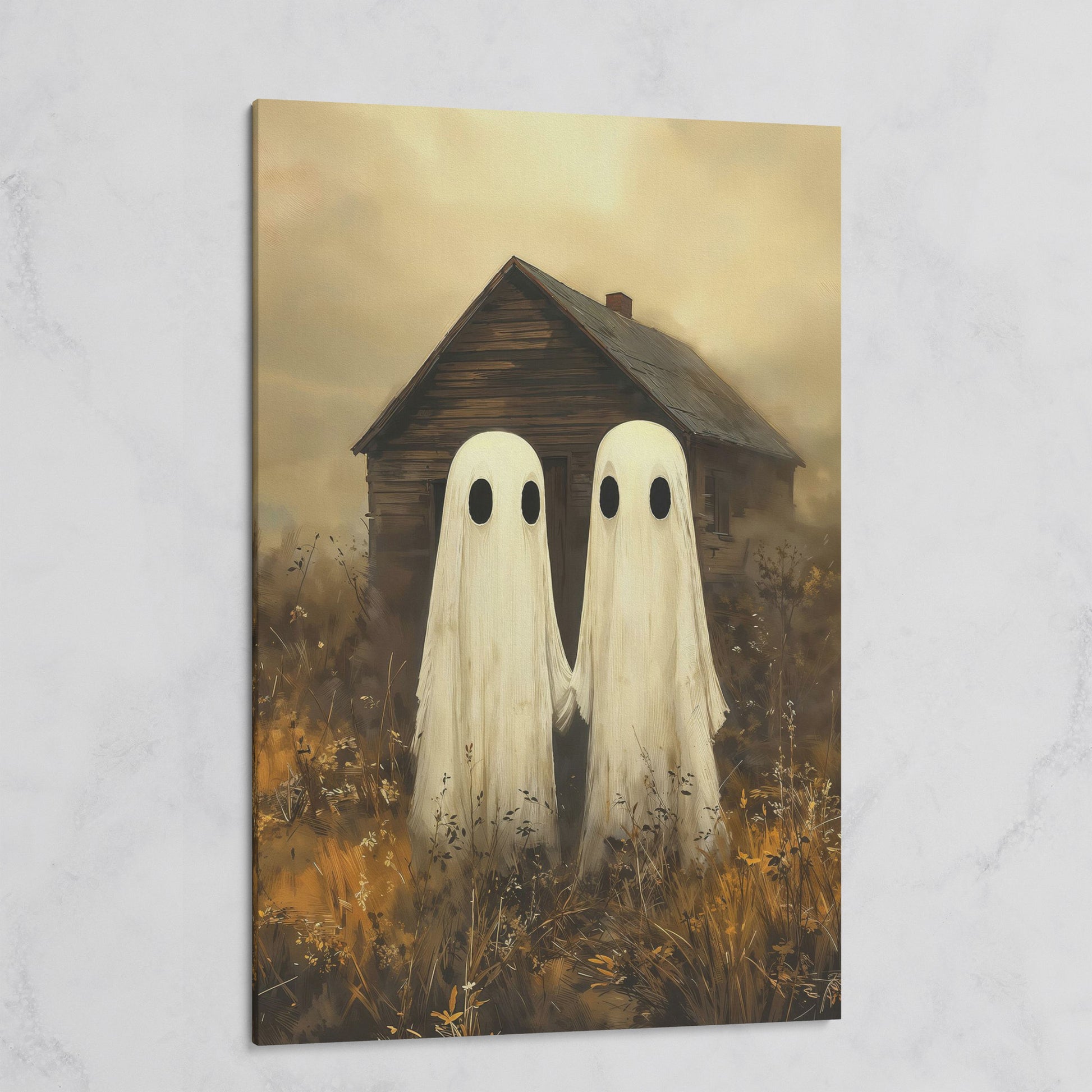 Two Ghosts Holding Hands. Haunted House Canvas Wall Art on gallery wrap