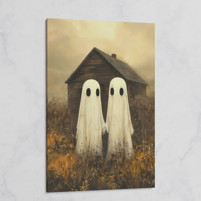 Two Ghosts Holding Hands. Haunted House Canvas Wall Art on gallery wrap