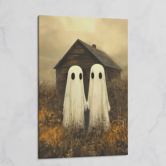 Two Ghosts Holding Hands. Haunted House Canvas Wall Art on gallery wrap