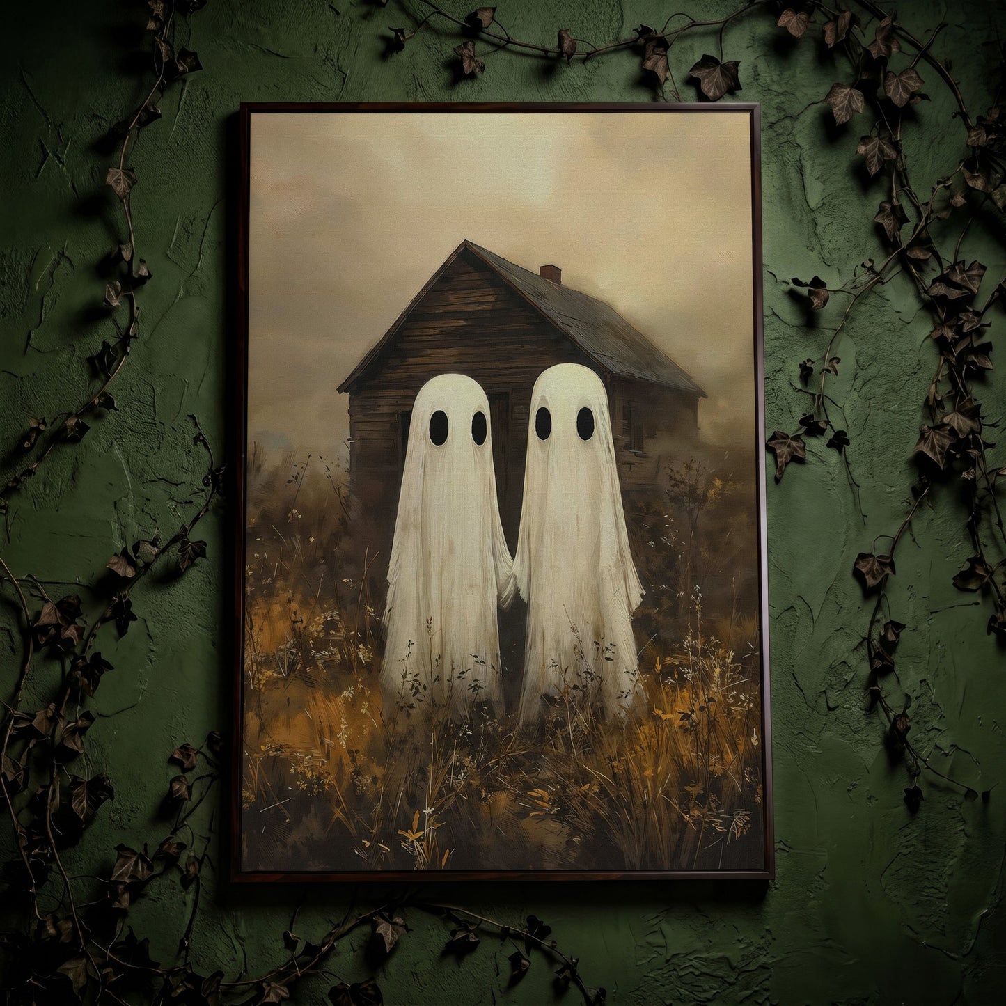 Two Ghosts Holding Hands. Haunted House Canvas Wall Art in dark walnut floating frame