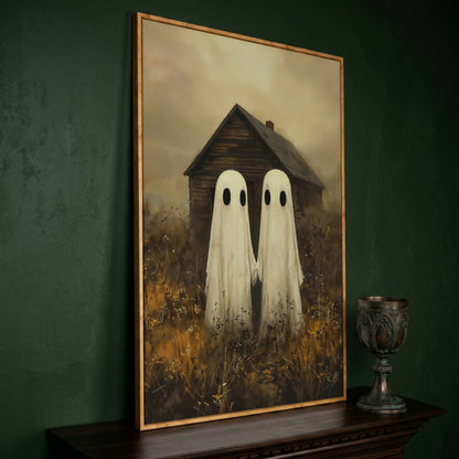 Two Ghosts Holding Hands. Haunted House Canvas Wall Art in white oak floating frame