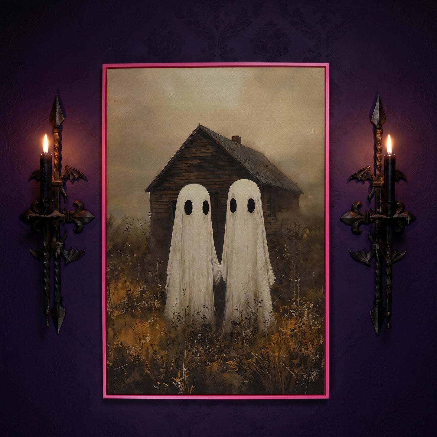 Two Ghosts Holding Hands. Haunted House Canvas Wall Art in pink floating frame