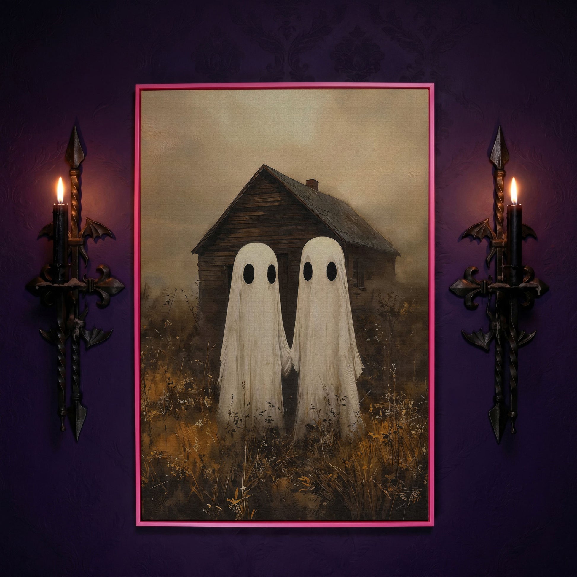 Two Ghosts Holding Hands. Haunted House Canvas Wall Art in pink floating frame
