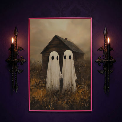 Two Ghosts Holding Hands. Haunted House Canvas Wall Art in pink floating frame