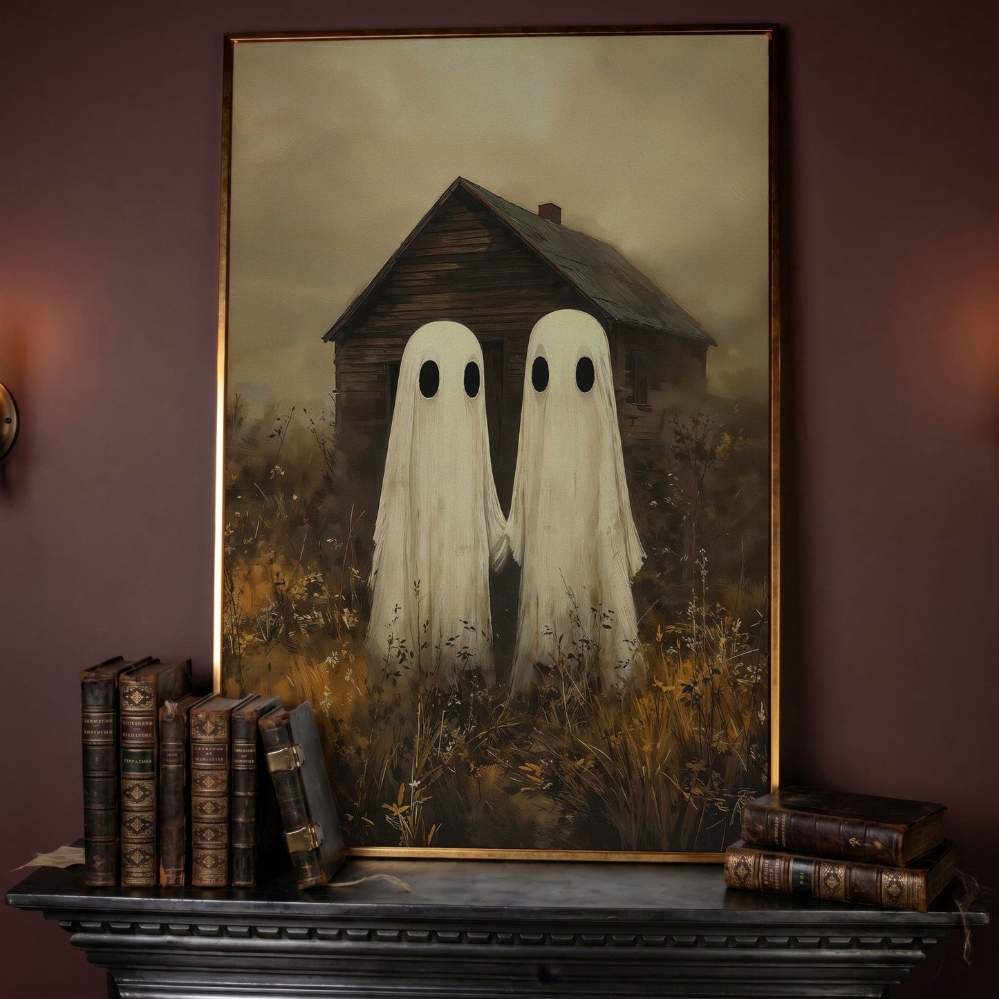 Two Ghosts Holding Hands. Haunted House Canvas Wall Art in rose gold floating frame