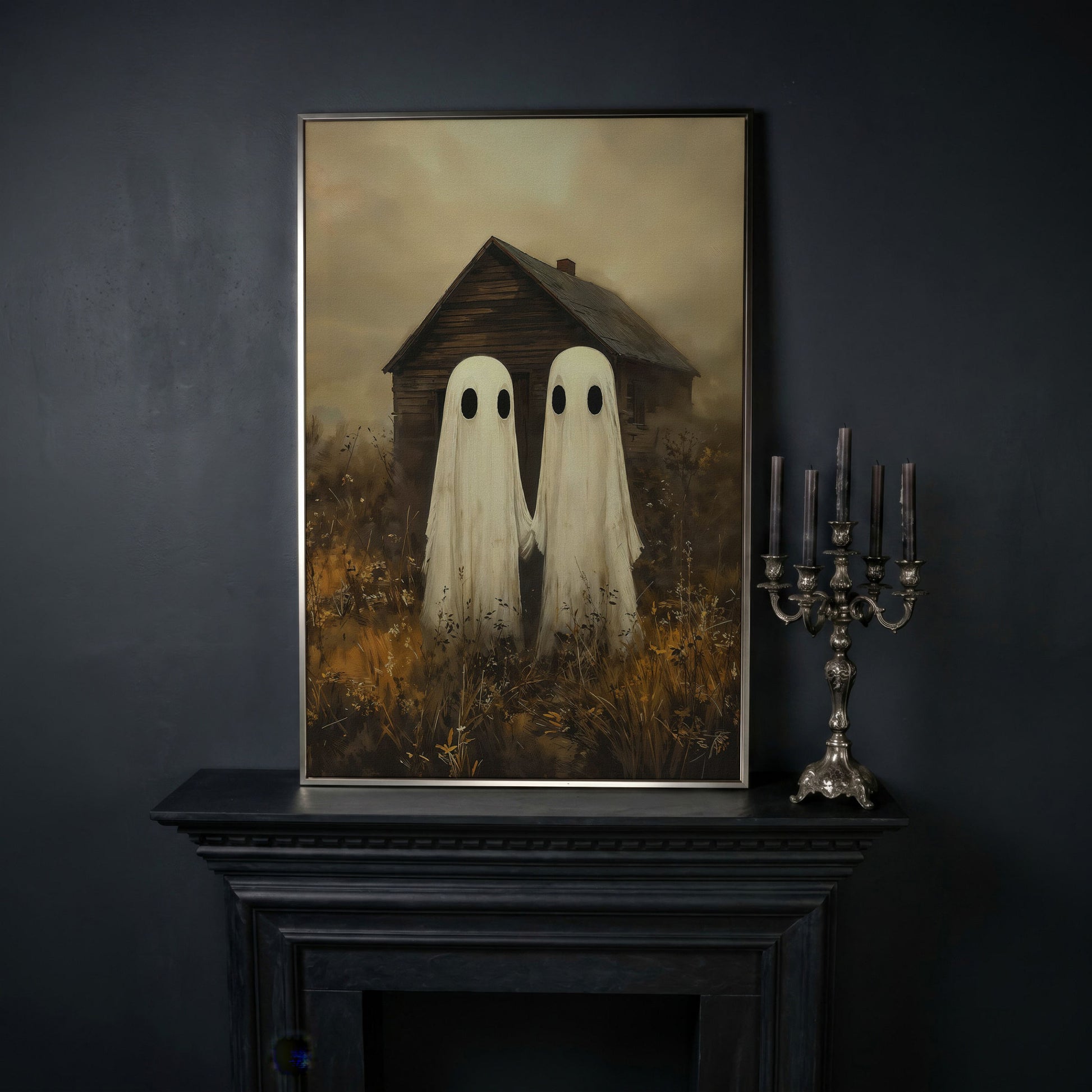 Two Ghosts Holding Hands. Haunted House Canvas Wall Art in silver floating frame