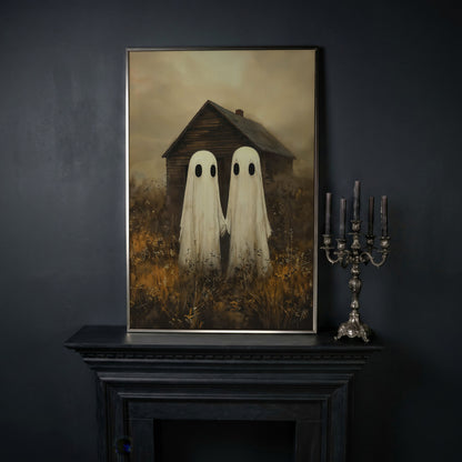 Two Ghosts Holding Hands. Haunted House Canvas Wall Art in silver floating frame