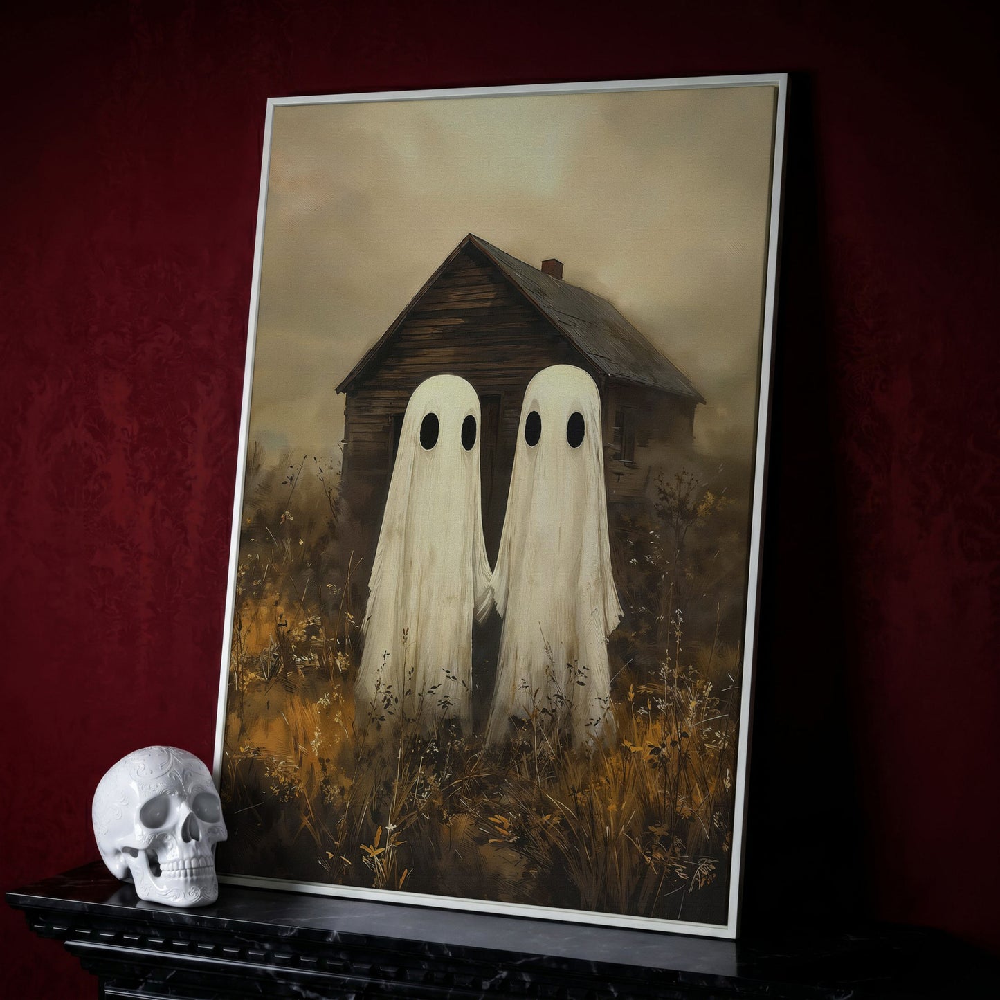Two Ghosts Holding Hands. Haunted House Canvas Wall Art in white floating frame
