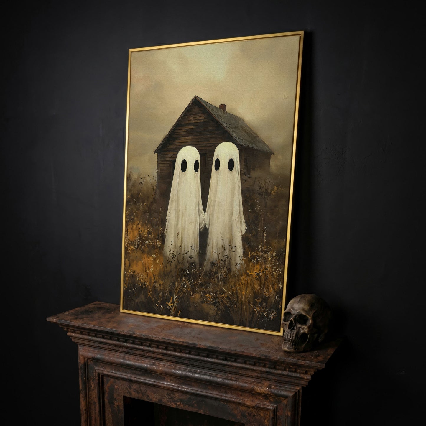 Two Ghosts Holding Hands. Haunted House Canvas Wall Art in yellow gold floating frame