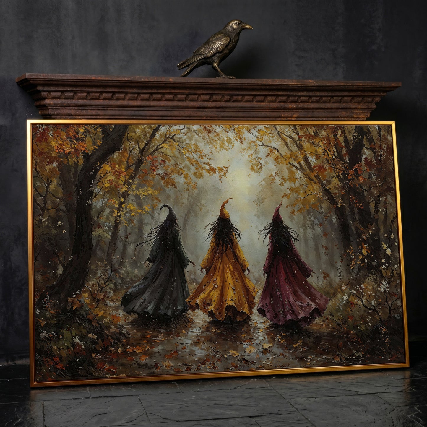 Trio of Witches in the Autumn Forest Canvas Wall Art in antique gold floating frame
