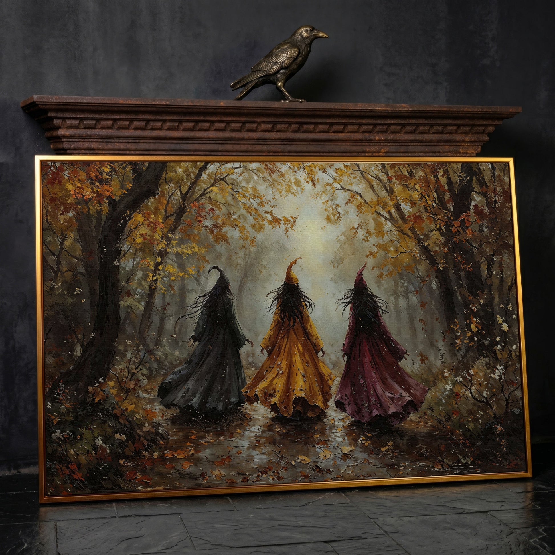 Trio of Witches in the Autumn Forest Canvas Wall Art in antique gold floating frame