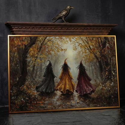 Trio of Witches in the Autumn Forest Canvas Wall Art in antique gold floating frame