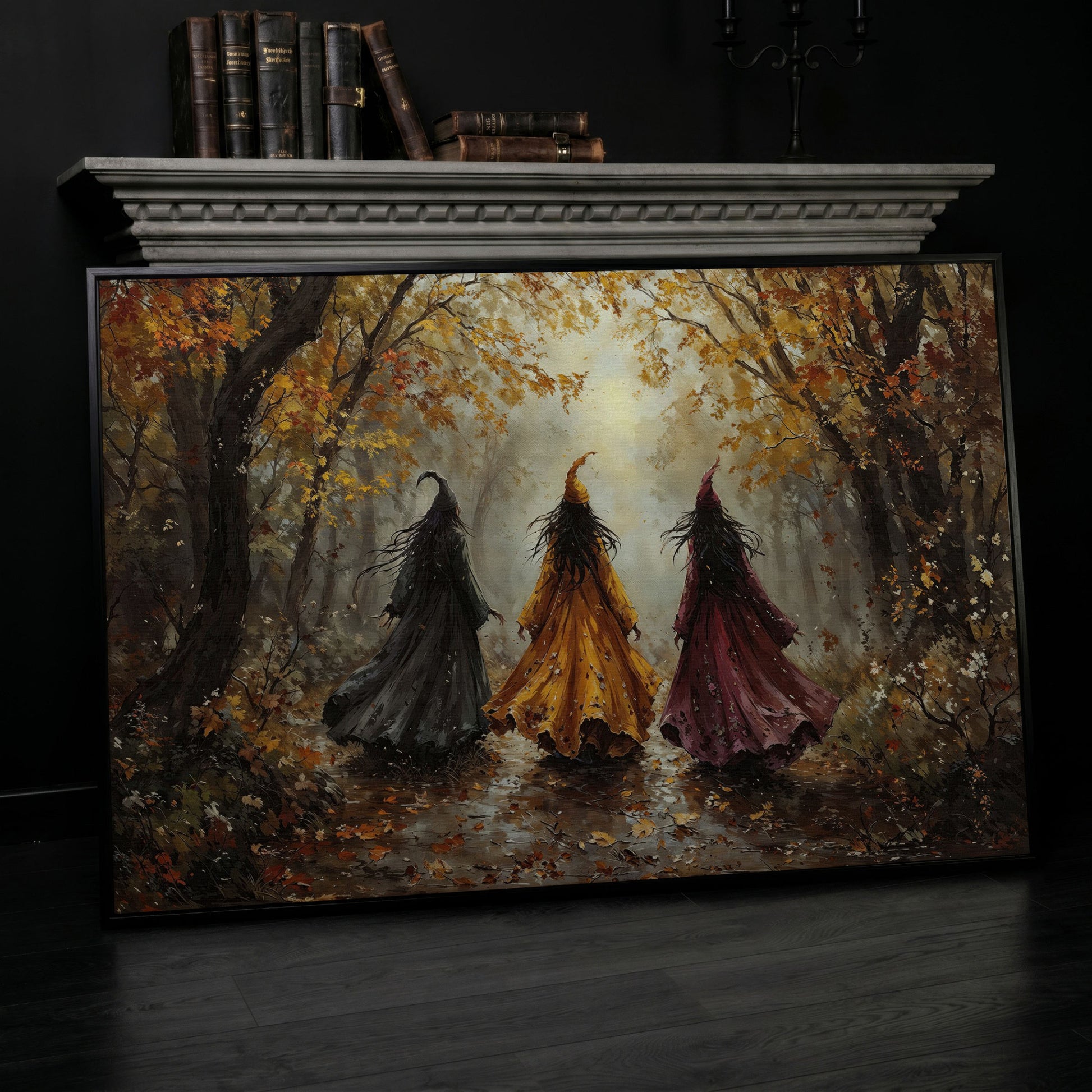 Trio of Witches in the Autumn Forest Canvas Wall Art in black floating frame