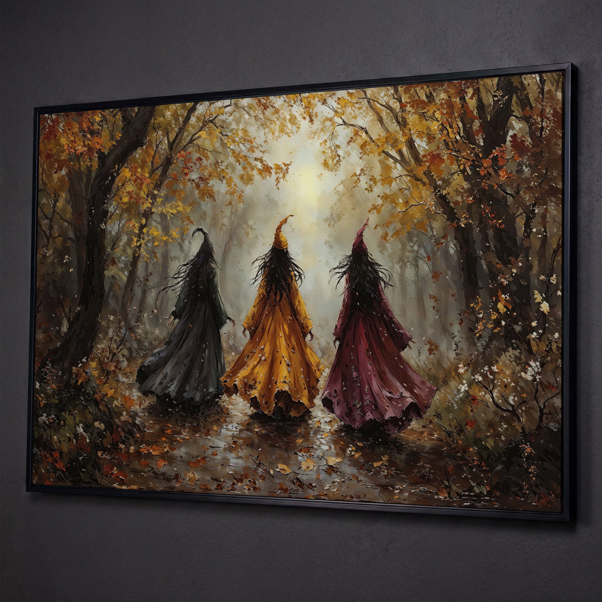 Trio of Witches in the Autumn Forest Canvas Wall Art shown in black floating frame
