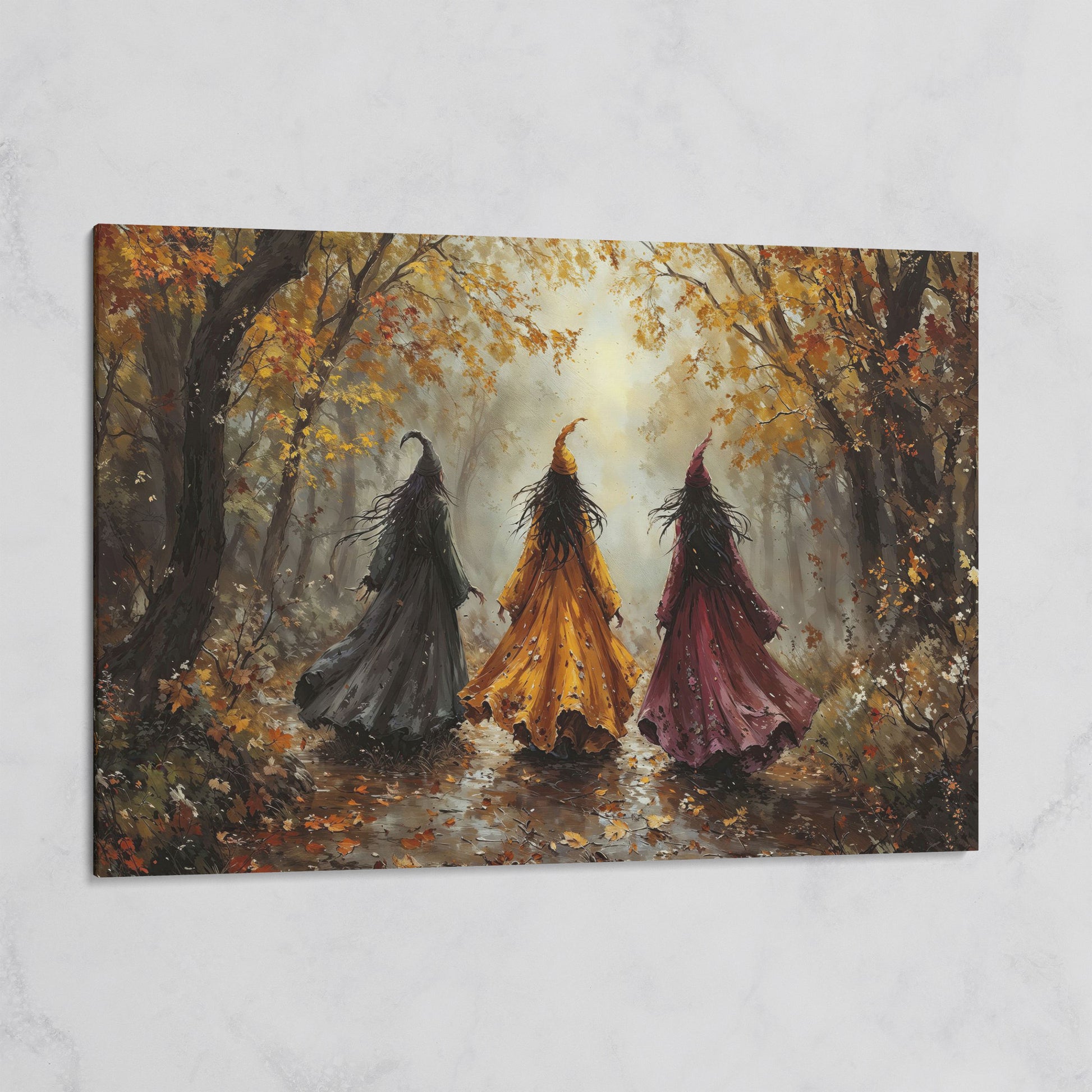 Trio of Witches in the Autumn Forest Canvas Wall Art on gallery wrap